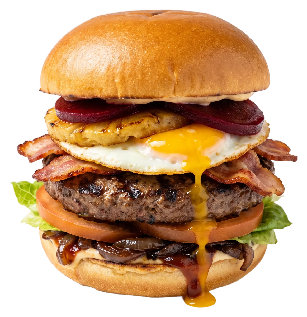 A tall burger with beef, bacon, fried egg, pineapple and beetroot