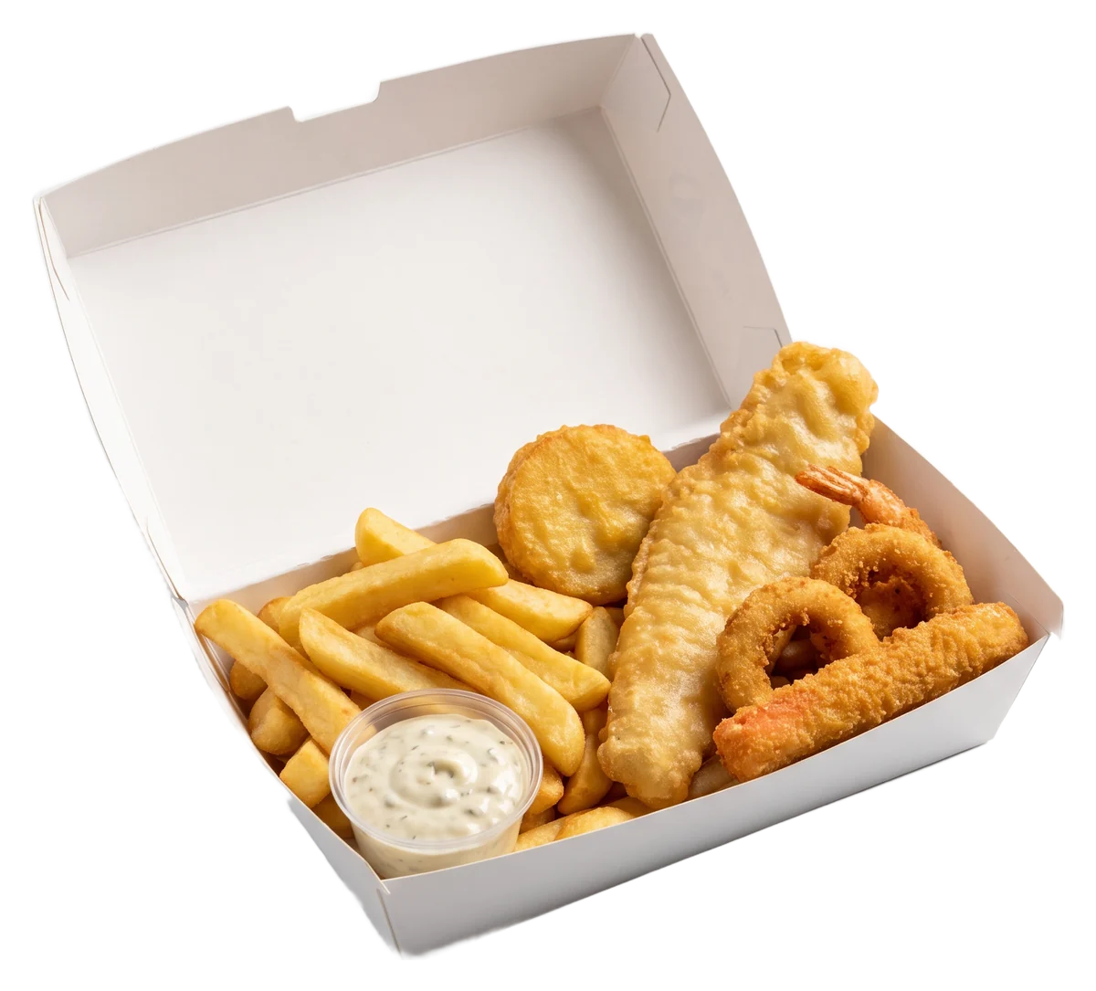 A share box of battered hoki, potato scallop, calamari, prawn, seafood stick and chips