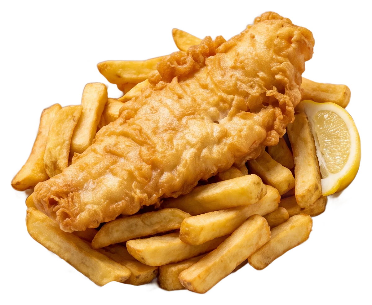 Battered fish and chips in white paper